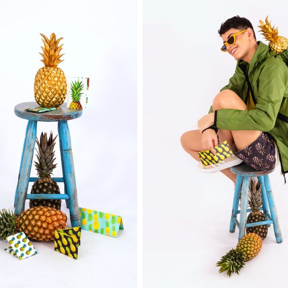 on the left a photo of a bent with pineapples and tyvek wallets and on the right a boy sitting on the bench holding a tyvek wallet